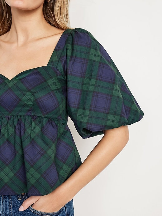 Puff-Sleeve Plaid Poplin Peplum Top