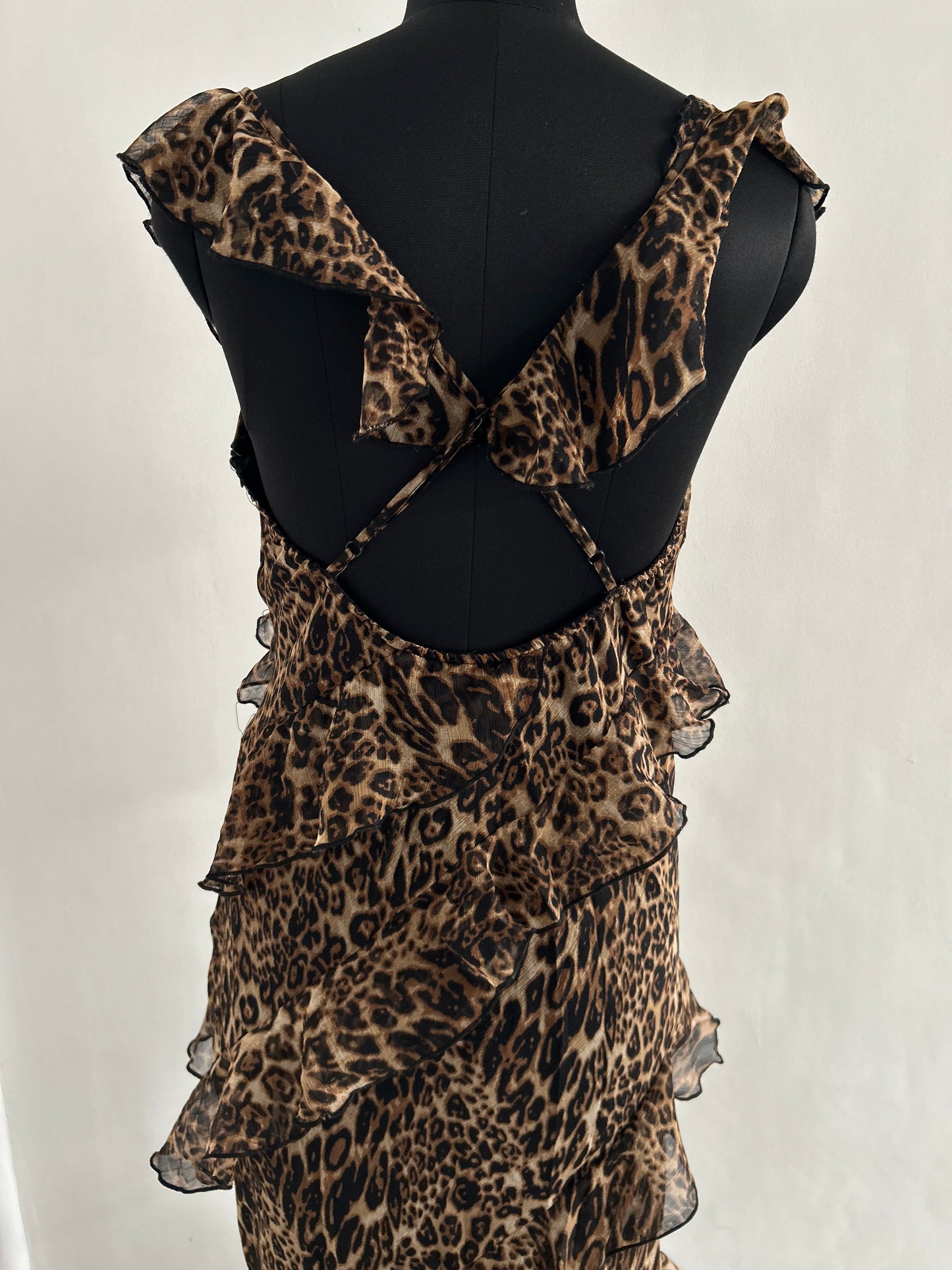 Boohoo leopard print chiffon maxi dress featuring cascading ruffles and spaghetti straps