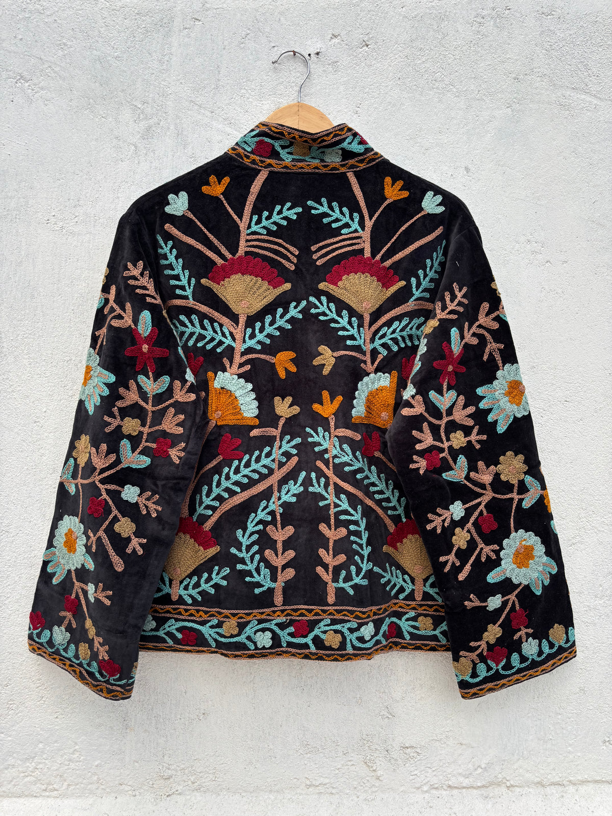 Black Velvet Suzani Floral Embroidered Jacket: 46"