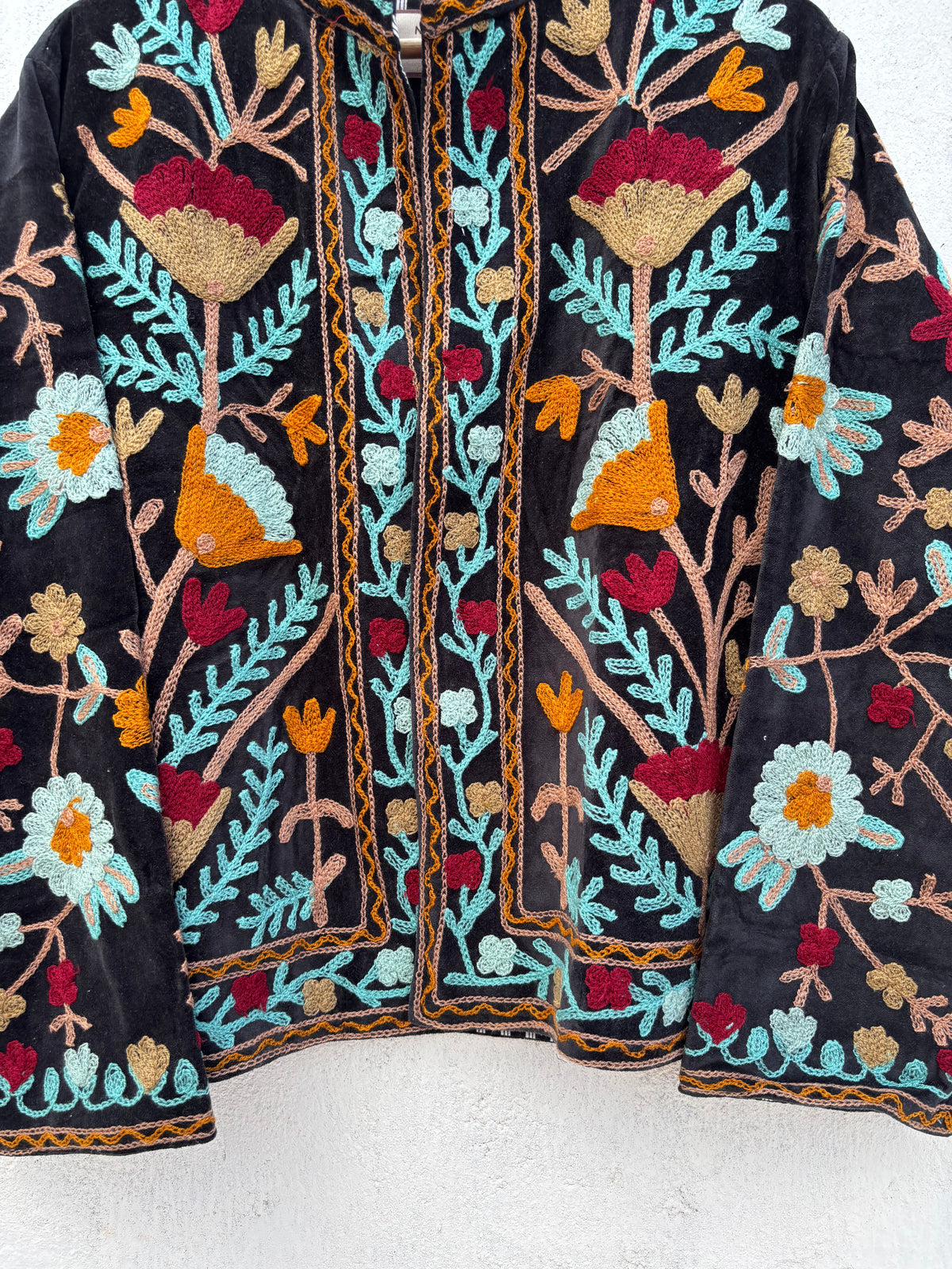 Black Velvet Suzani Floral Embroidered Jacket: 46"