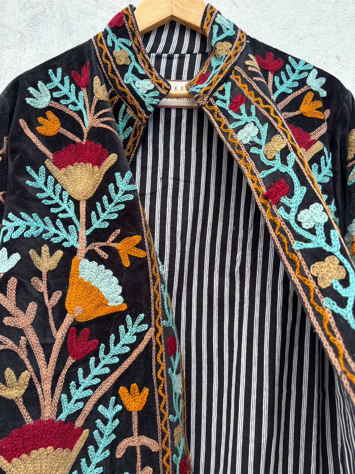 Black Velvet Suzani Floral Embroidered Jacket: 46"
