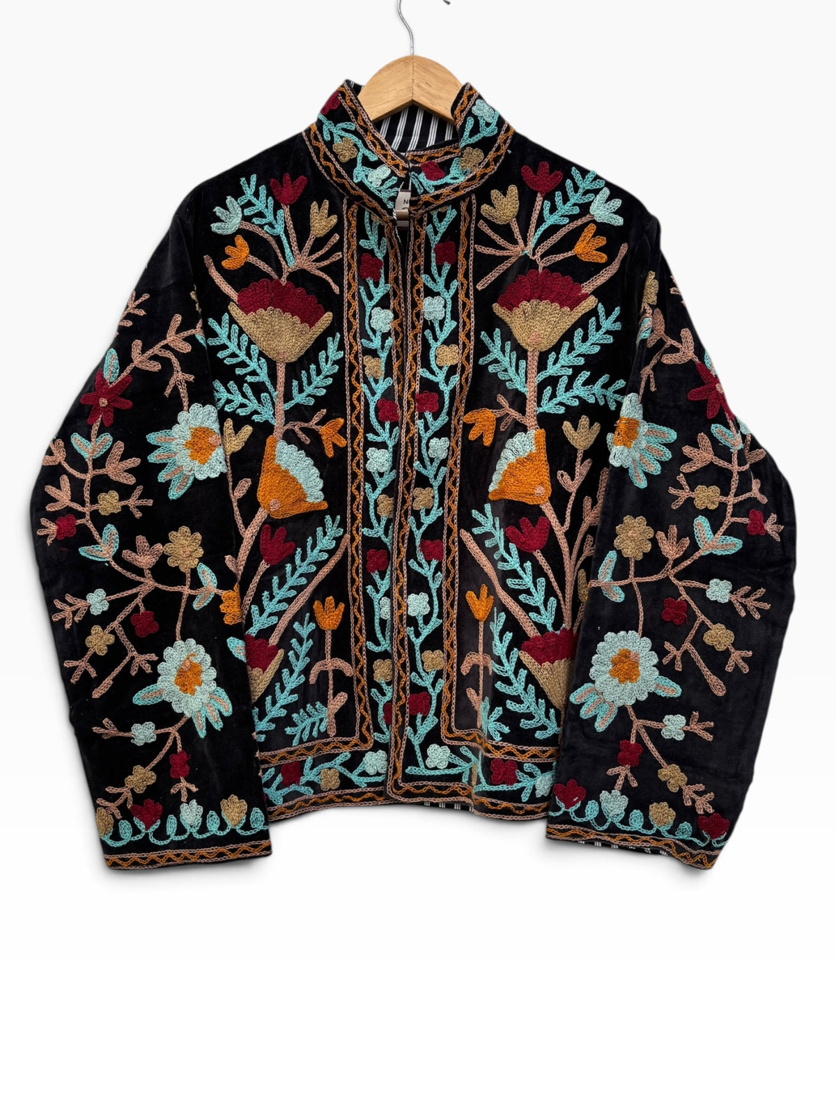 Black Velvet Suzani Floral Embroidered Jacket: 46"