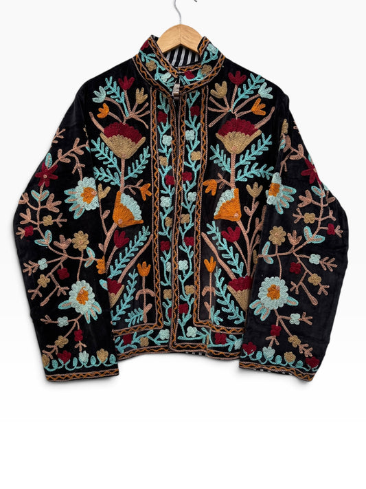 Black Velvet Suzani Floral Embroidered Jacket: 46"
