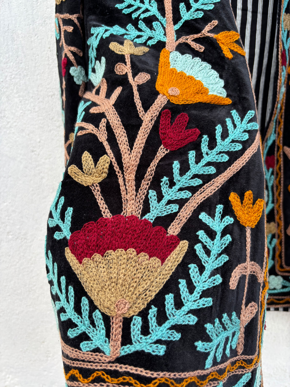 Black Velvet Suzani Floral Embroidered Jacket: 46"