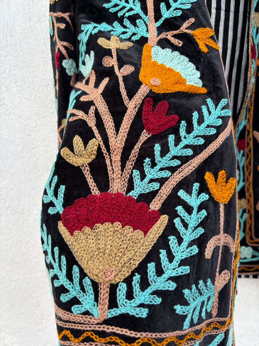 Black Velvet Suzani Floral Embroidered Jacket: 46"