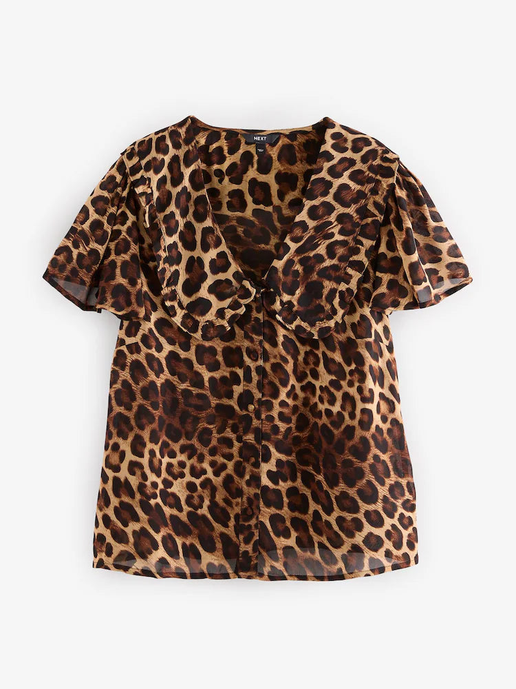 NEXT Leopard Print Peter Pan Collar Sheer Short Sleeve Blouse