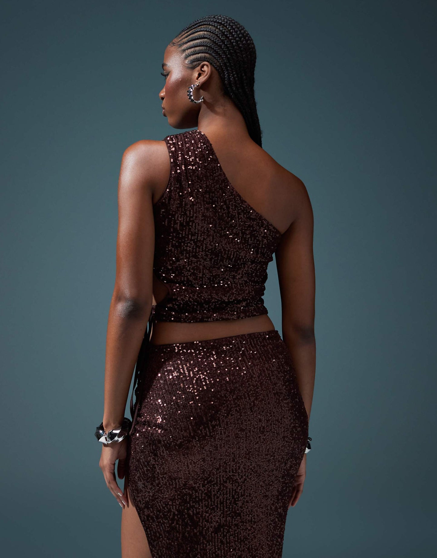 ASOS DESIGN sequin one shoulder ruched cut-out top