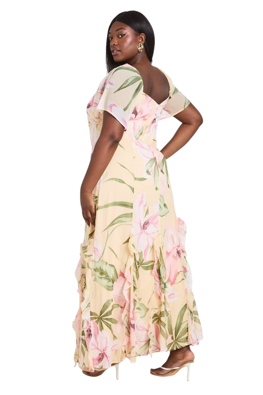 Boohoo Plus Floral Chiffon Puff Sleeve Ruffle Maxi Dress.