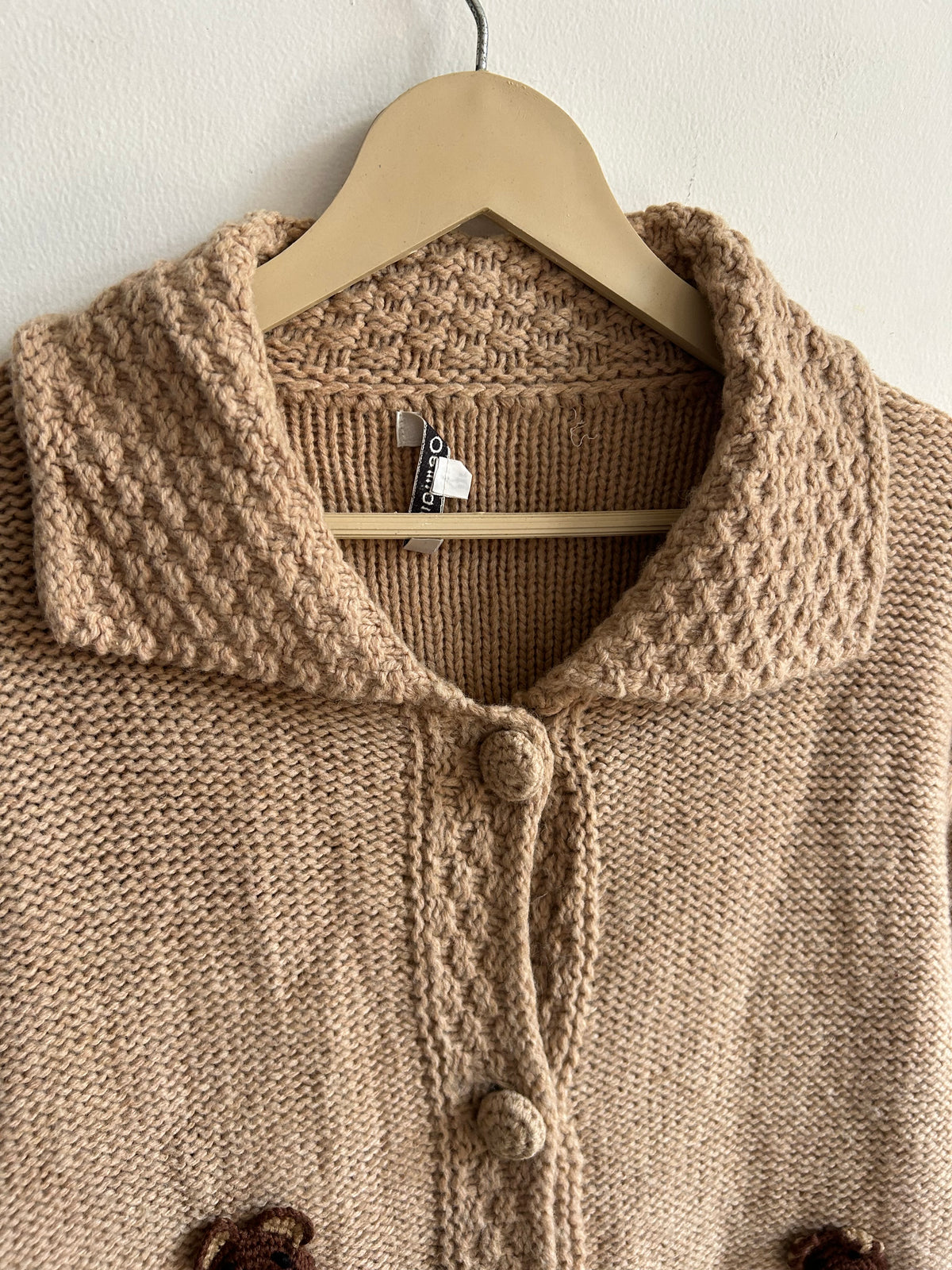 Vintage Crochet Teddy Bear Knit Brown Cardigan