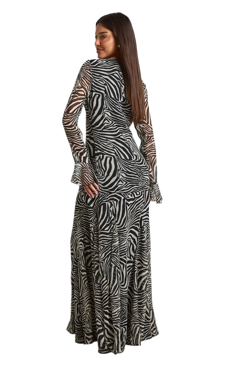 Boohoo Chiffon Ruffle Zebra Fit & Flare Maxi Dress in black