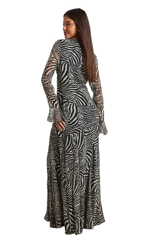 Boohoo Chiffon Ruffle Zebra Fit & Flare Maxi Dress in black