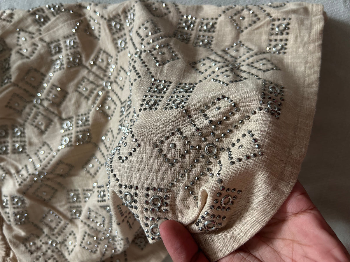 Beige Cotton Embellished Shorts: 32”