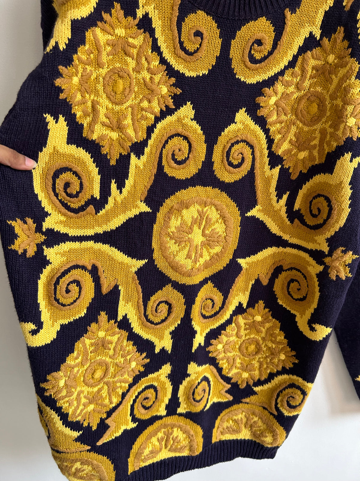 Vintage Baroque Gold Scrollwork Navy Blue Sweater