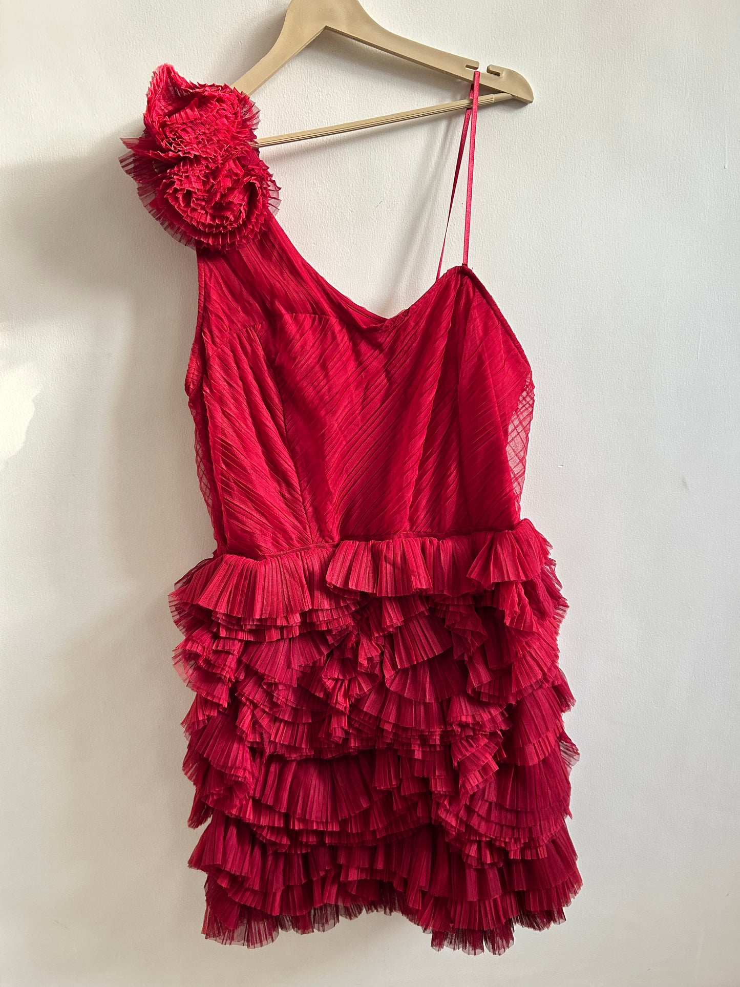 Red Floral Mesh One Shoulder Dress