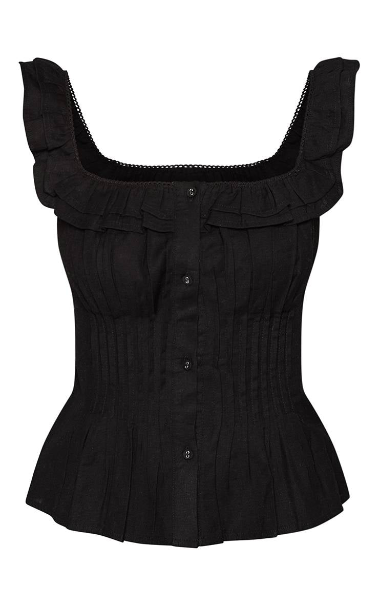 PrettyLittleThing Black Cotton Square Frill Neck Pleated Top.