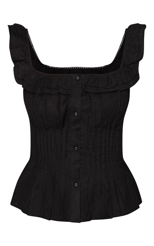 PrettyLittleThing Black Cotton Square Frill Neck Pleated Top.
