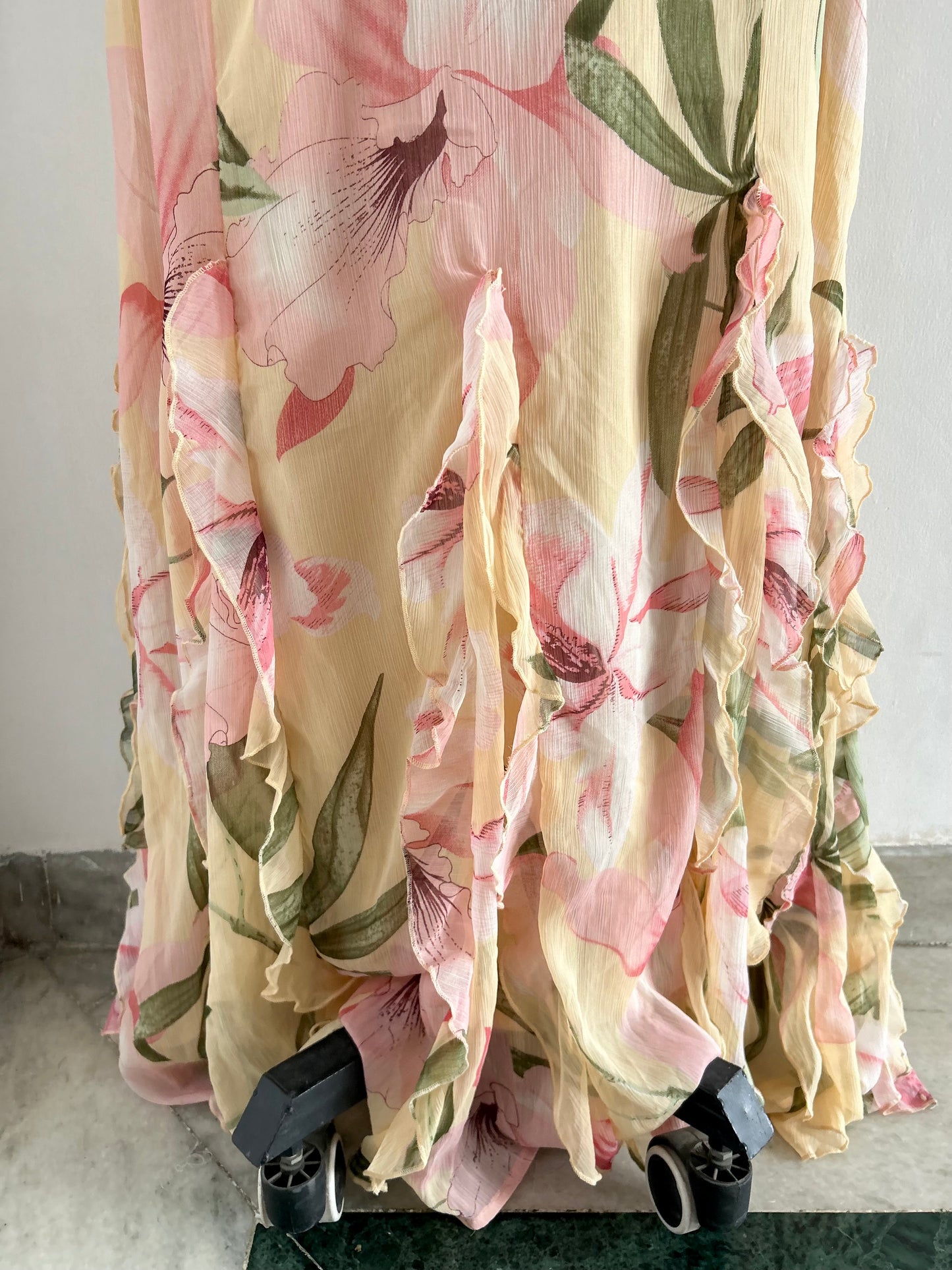 Boohoo Plus Floral Chiffon Puff Sleeve Ruffle Maxi Dress.