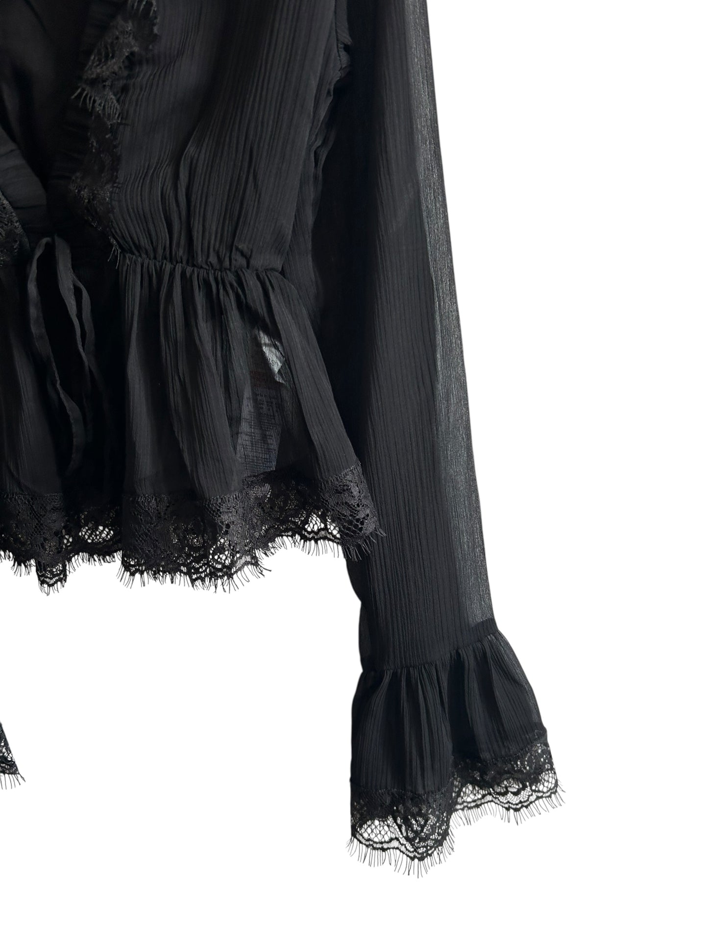 BOOHOO lace trim chiffon ruffle blouse with sheer sleeves and a plunging v-neckline
