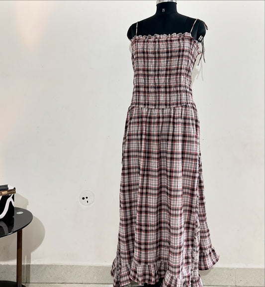 Charcoal Grey Check Shirred Body Asymetric Hem Midi Dress