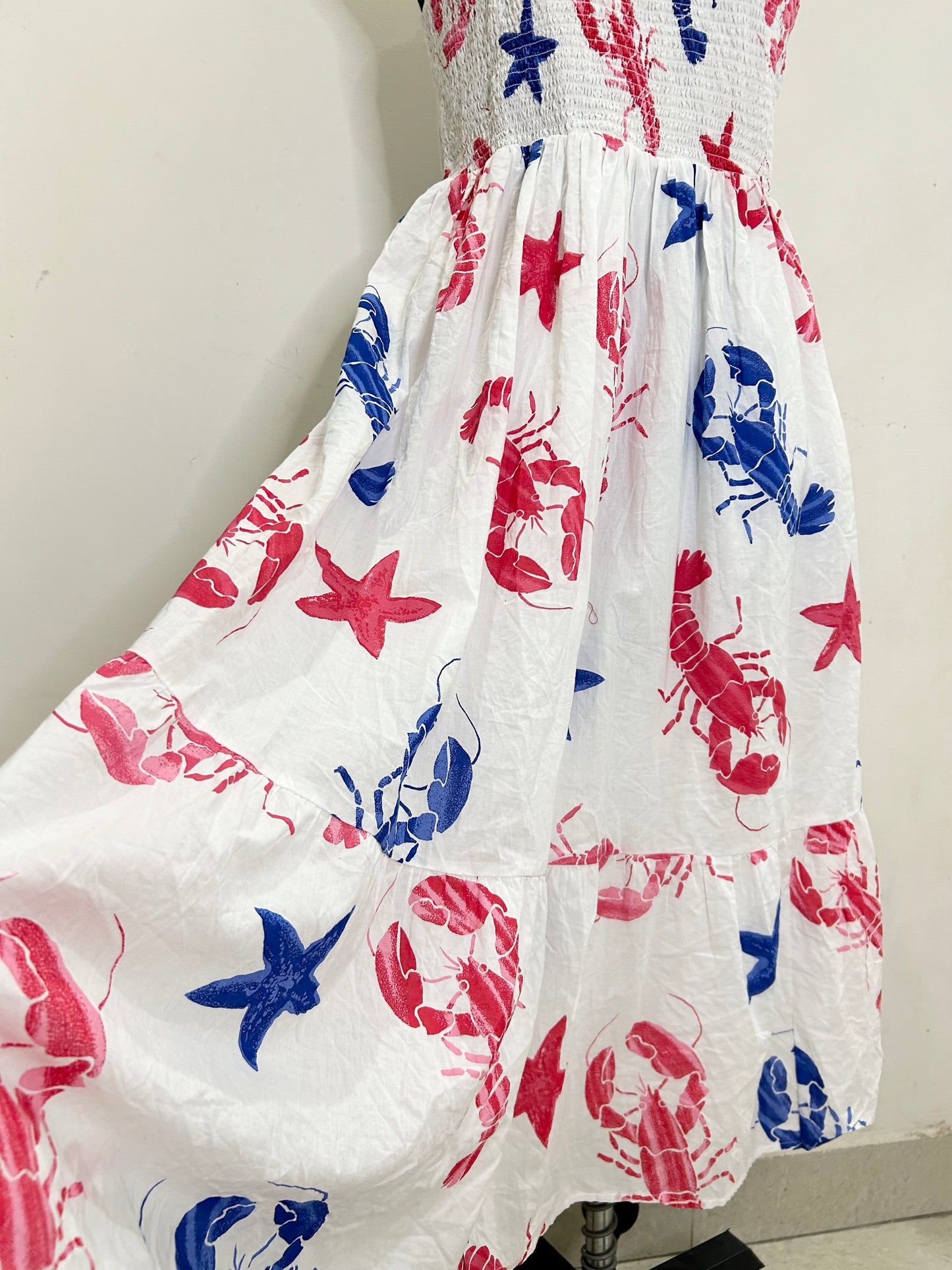 J.Crew Tiered Maxi in Ultramarine Red Lobster Print Cotton Sun Dress