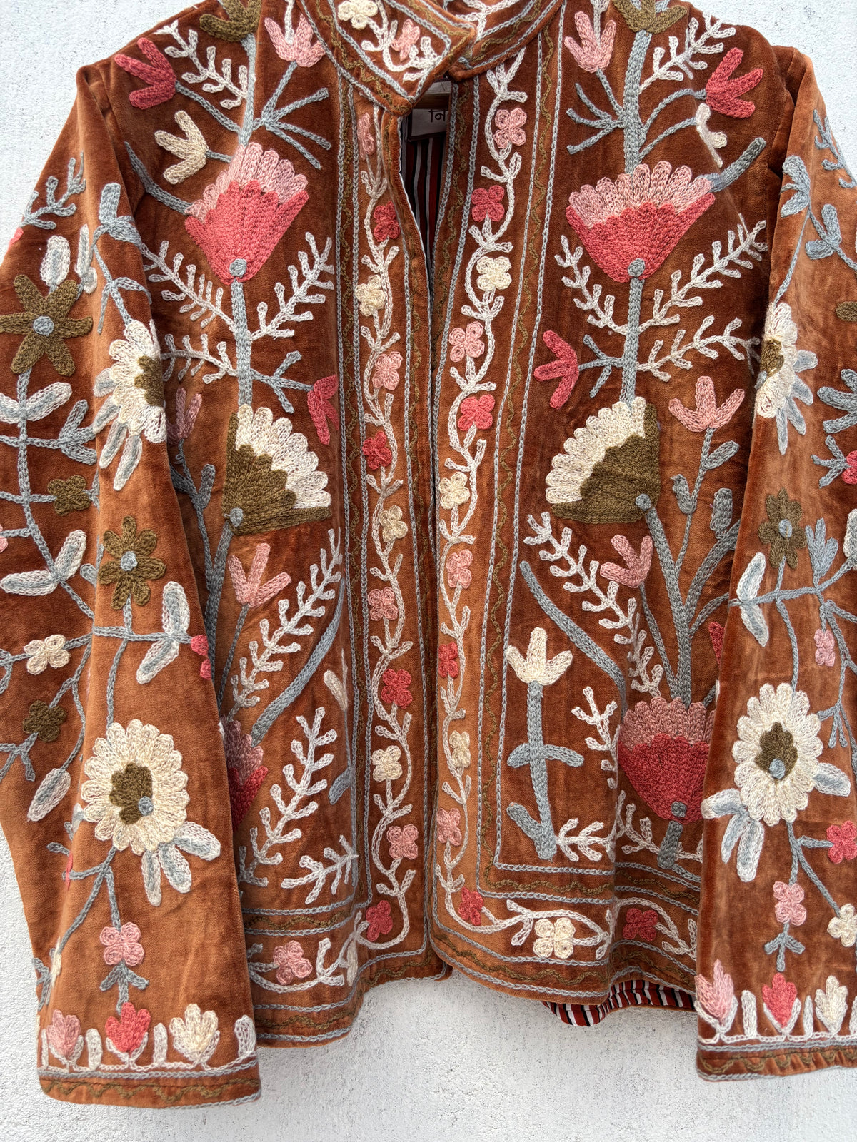 Rust Brown Velvet Suzani Floral Embroidered Jacket: 44"