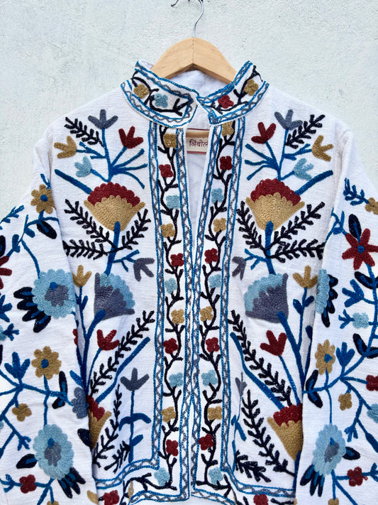 White Floral Suzani Embroidered Jacket