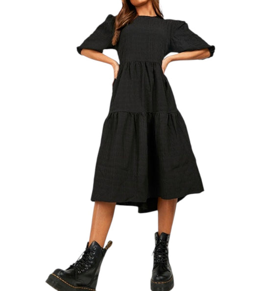 Textured Puff Sleeves Tiered Smock Dress