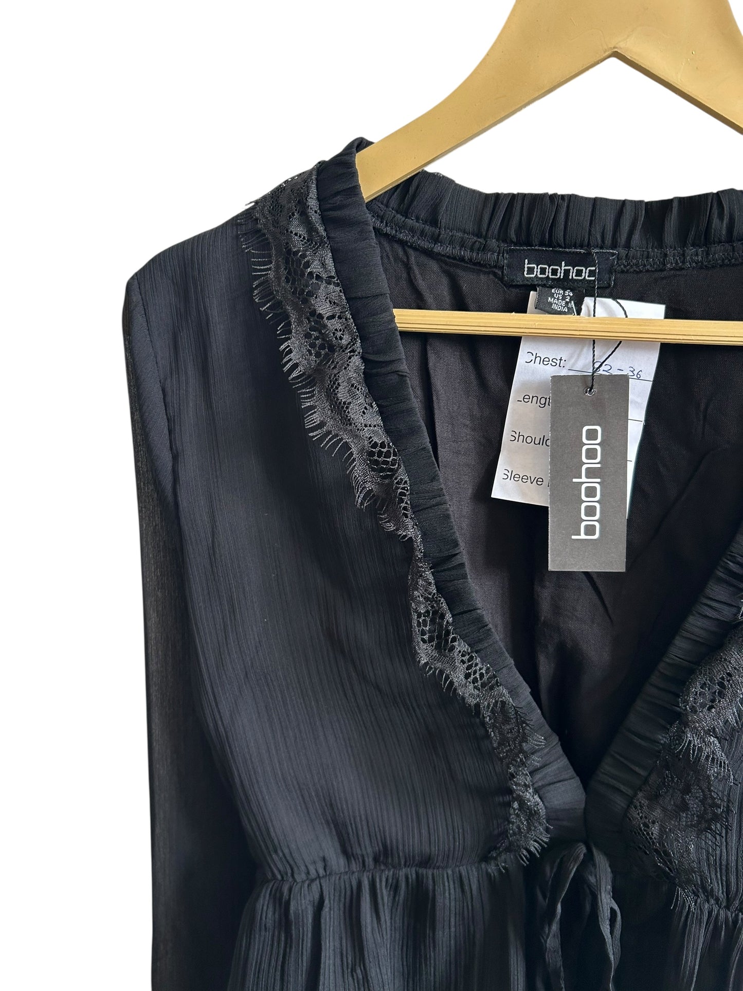 BOOHOO lace trim chiffon ruffle blouse with sheer sleeves and a plunging v-neckline
