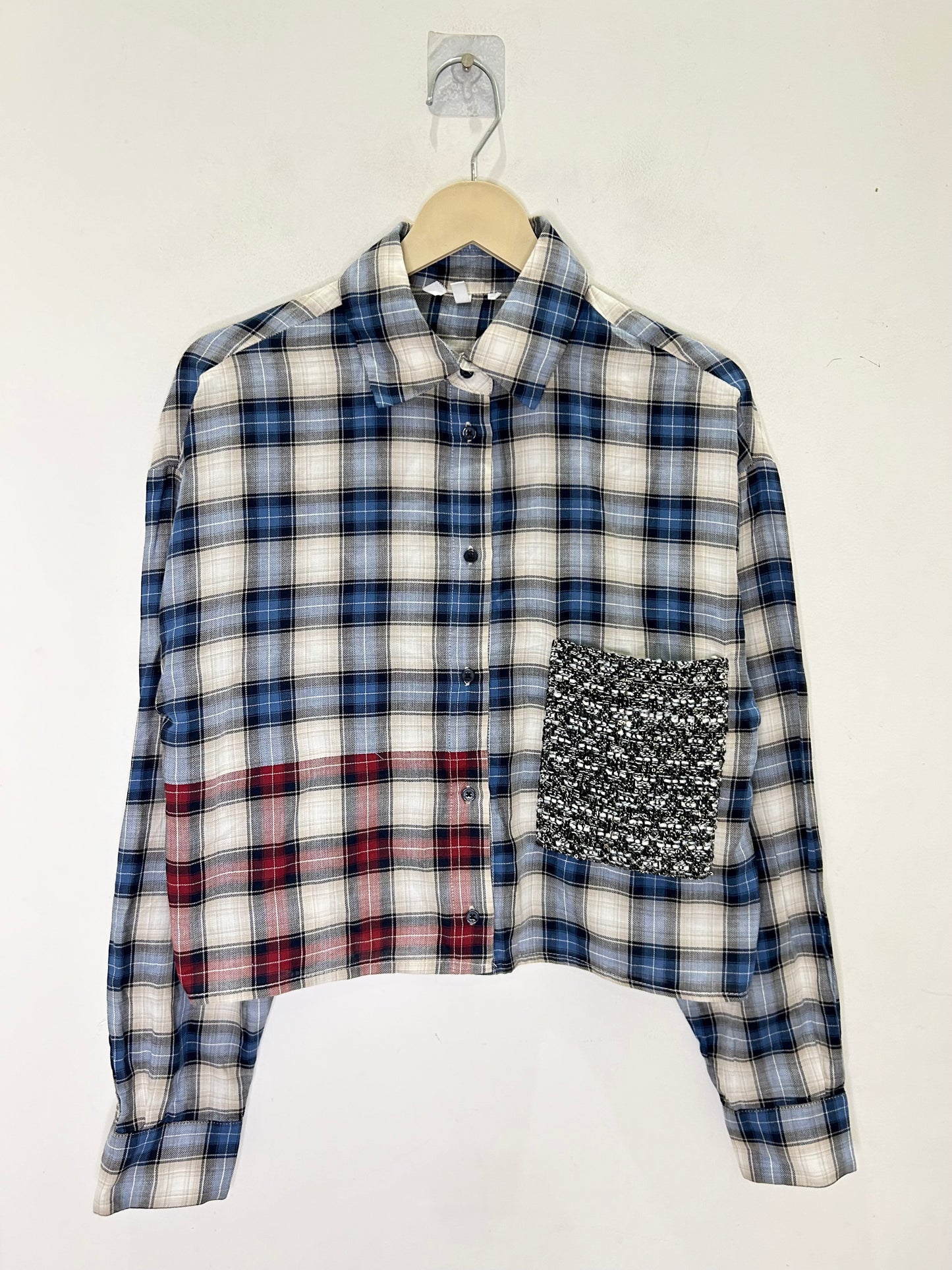 Crop Checked Shirt with Tweed Pocket