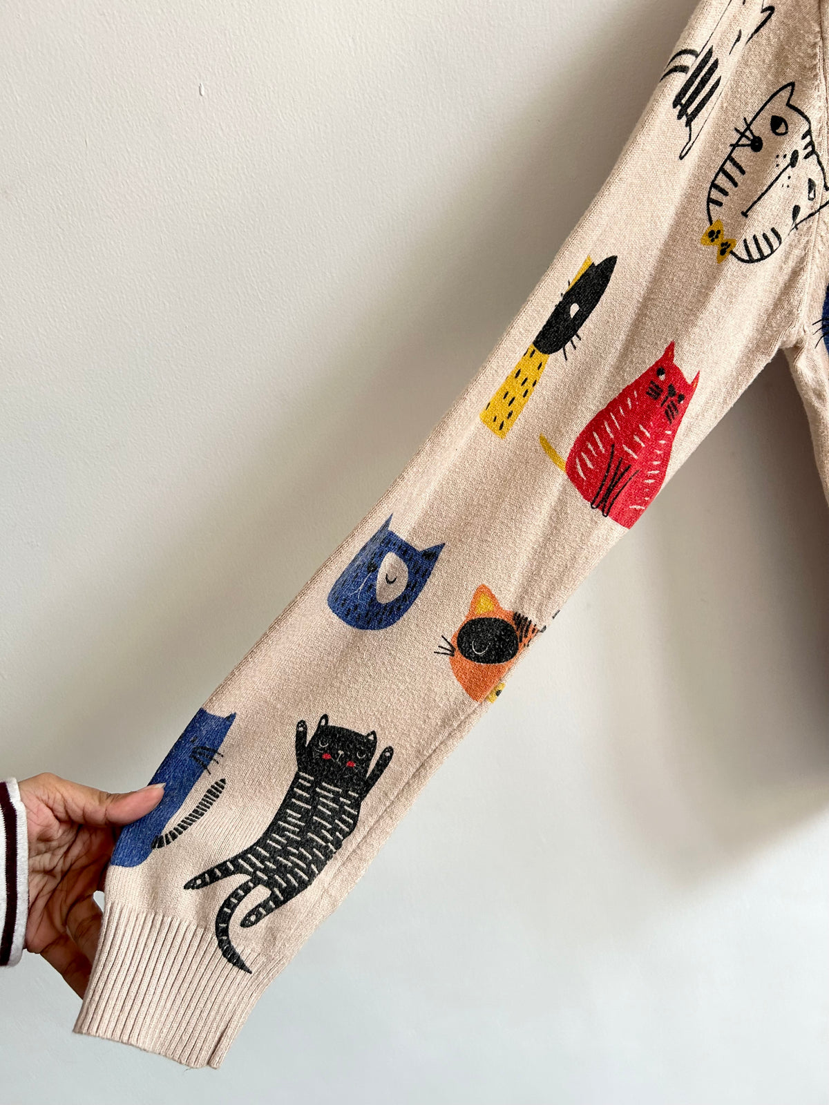 Vintage Doodle Cat Print Crewneck Sweater