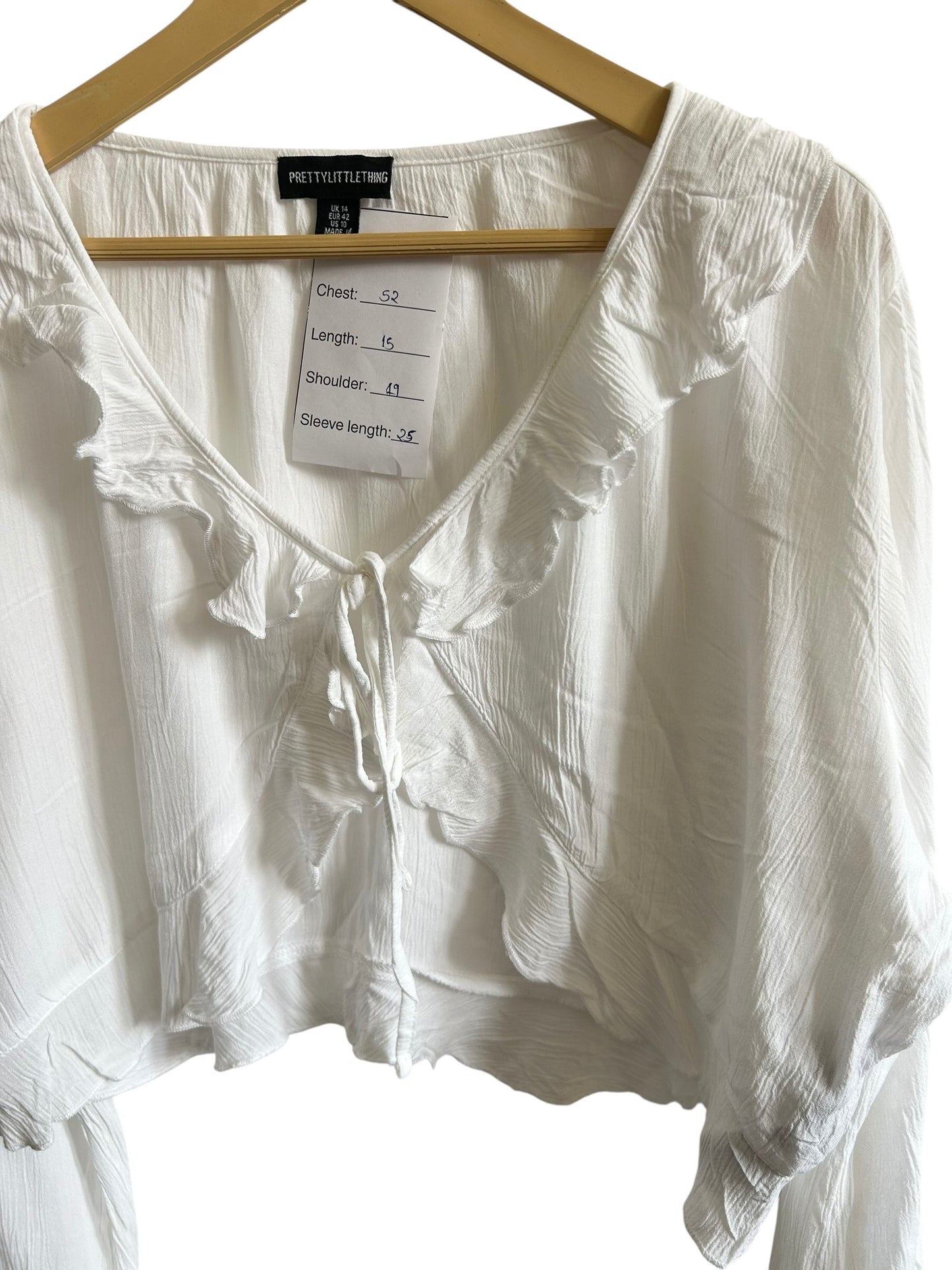 PrettyLittleThing cheesecloth ruffle tie front long sleeve:44”