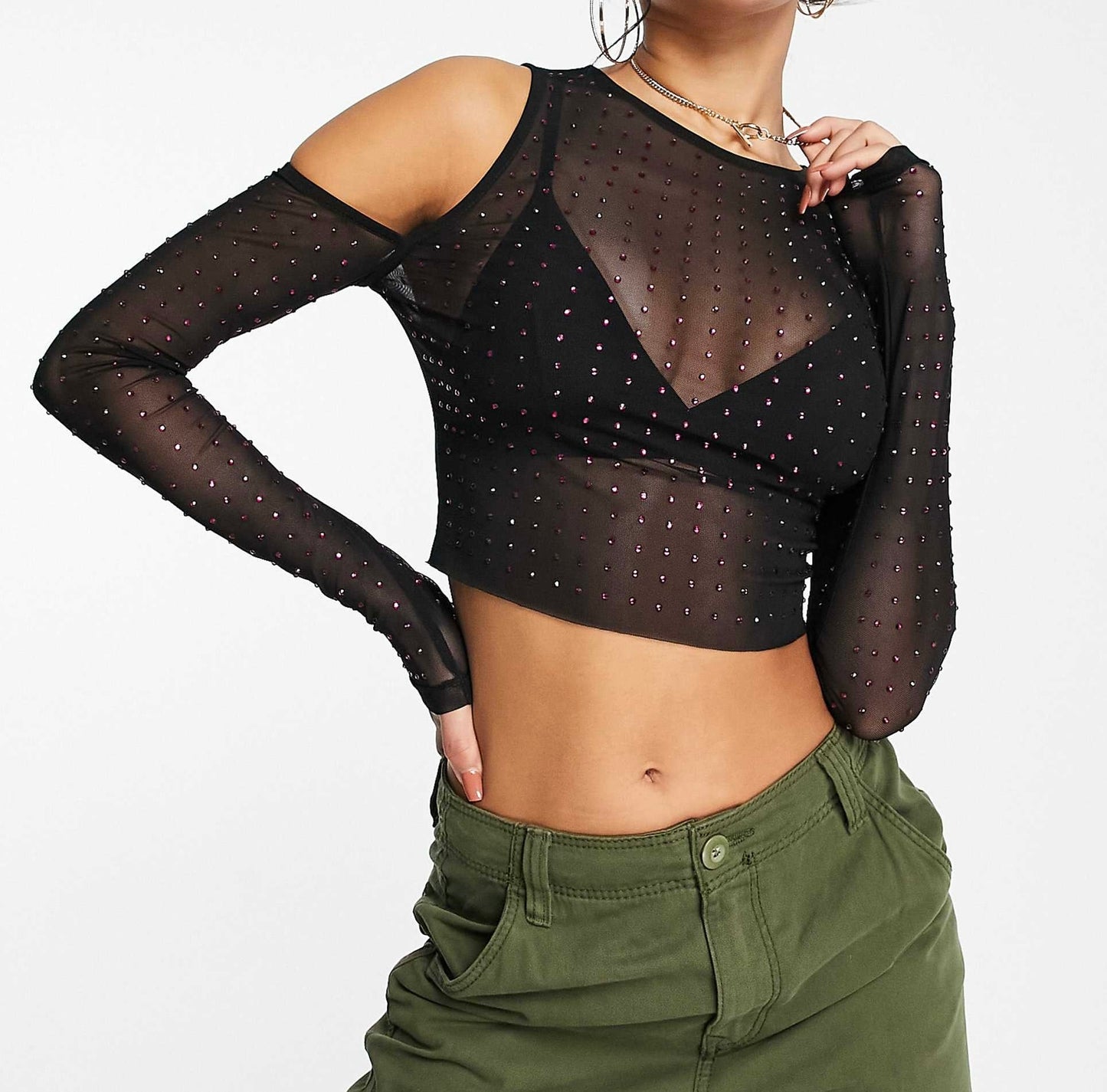 ASOS DESIGN cold shoulder top with pink crystal stud