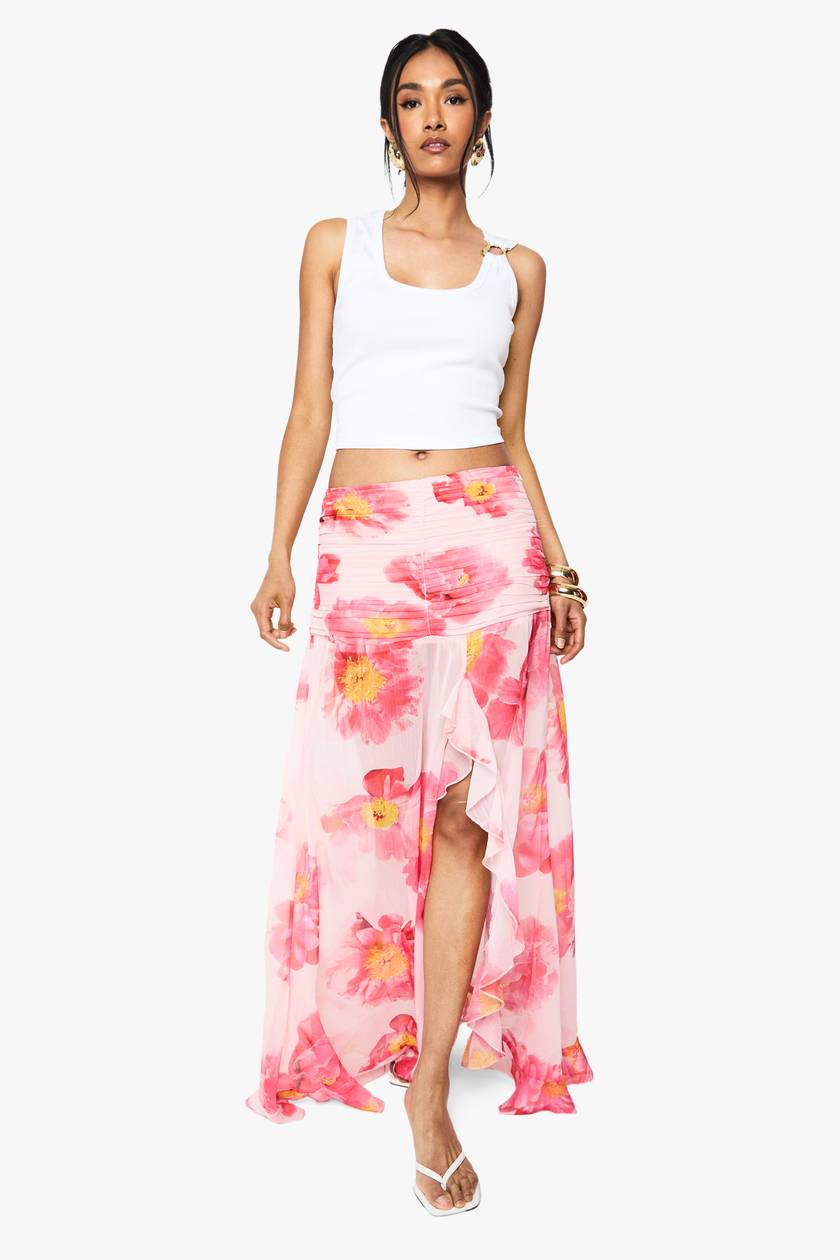Floral Chiffon Ruffle Split Leg Maxi Skirt