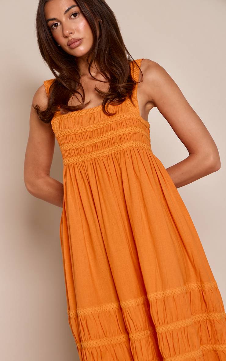 BURNT ORANGE LINEN LOOK EMBROIDERED DETAIL MAXI DRESS