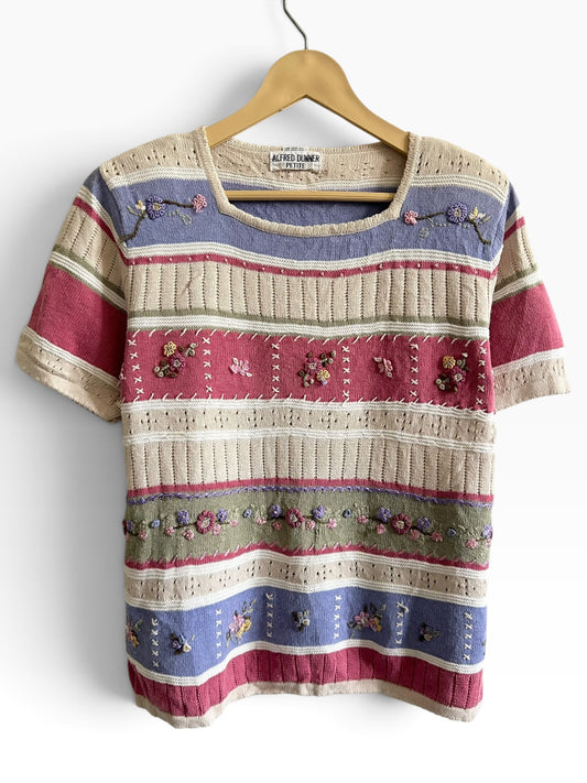 Vintage Striped Floral Embroidered Top