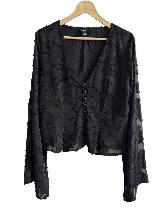 BOOHOO Floral textured button-down blouse with voluminous sheer sleeves.