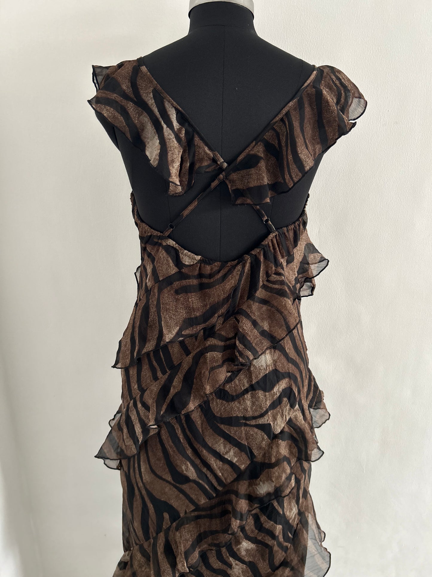 Boohoo Chiffon Ruffle Tonal Zebra Strappy Maxi Dress