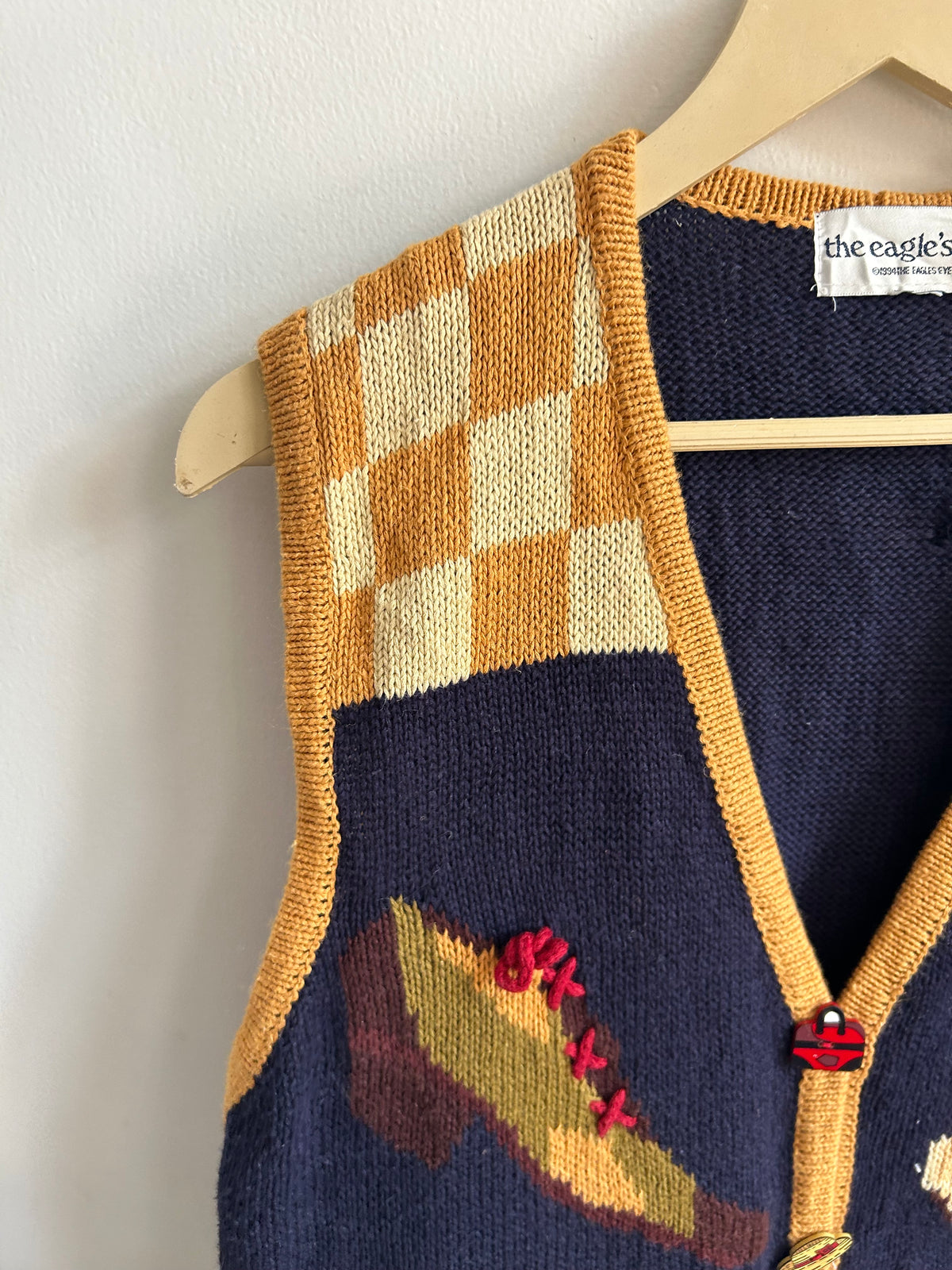 Vintage Travel Motif Knit Blue Vest