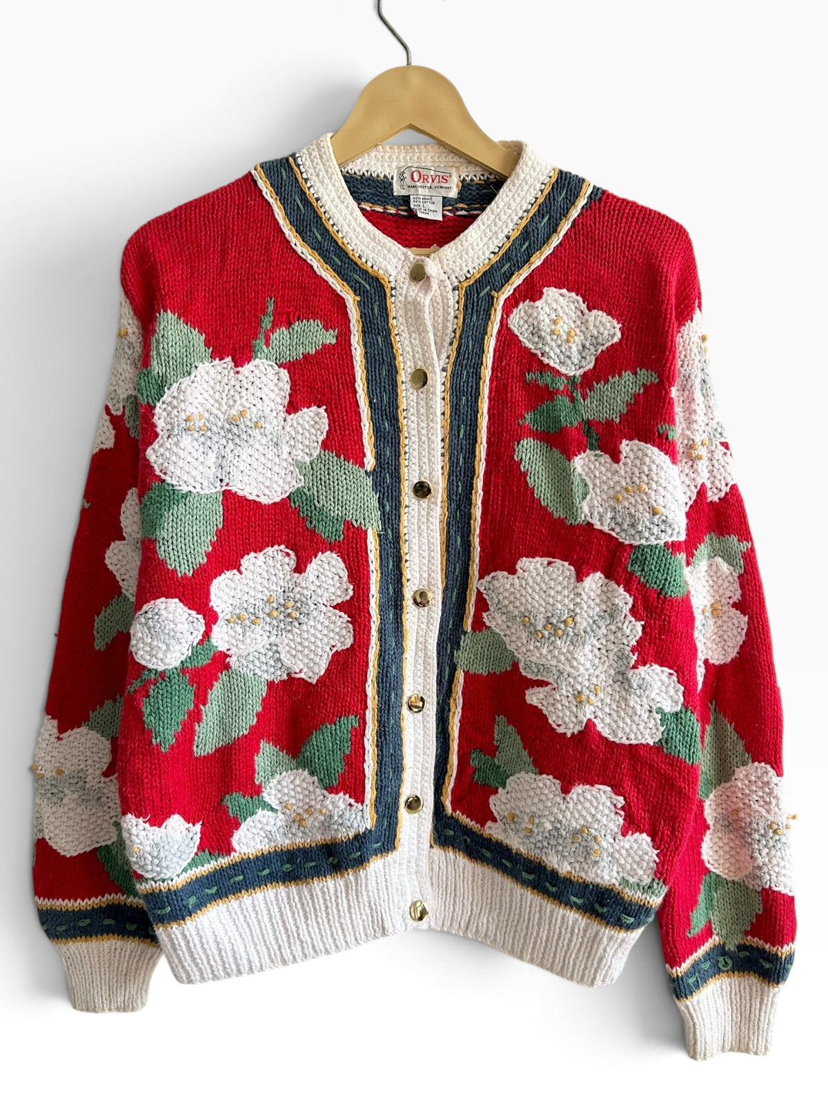 White Floral Red Cardigan