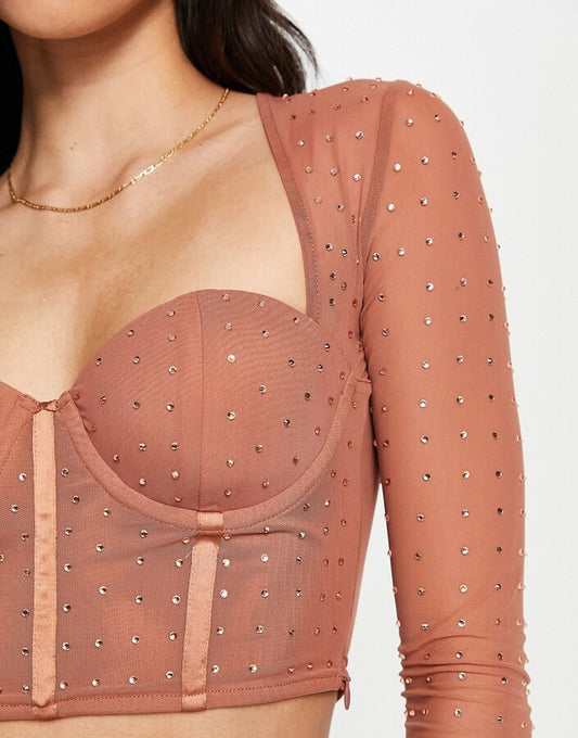ASOS DESIGN hotfix crystal stud bust cup corset top in blush
