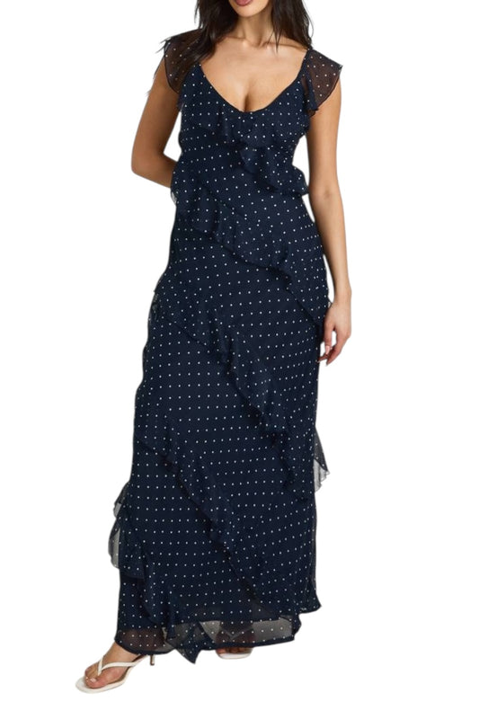 Boohoo chiffon ruffle polka dot dress: 42”