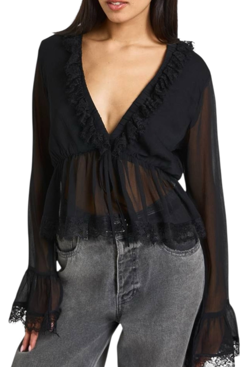 BOOHOO lace trim chiffon ruffle blouse with sheer sleeves and a plunging v-neckline
