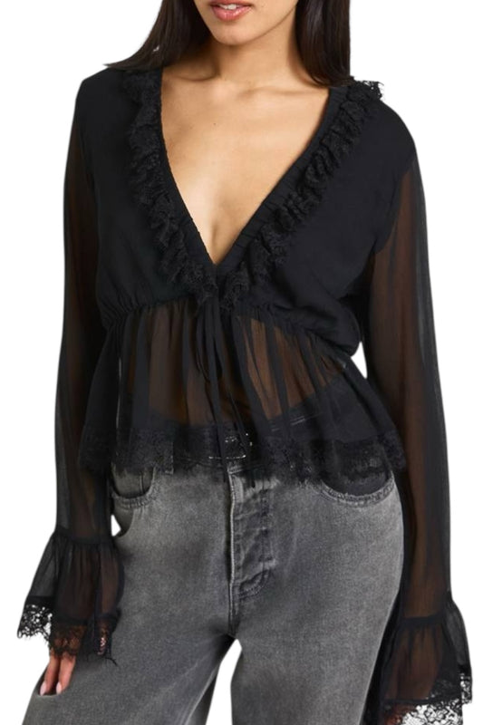 BOOHOO lace trim chiffon ruffle blouse with sheer sleeves and a plunging v-neckline