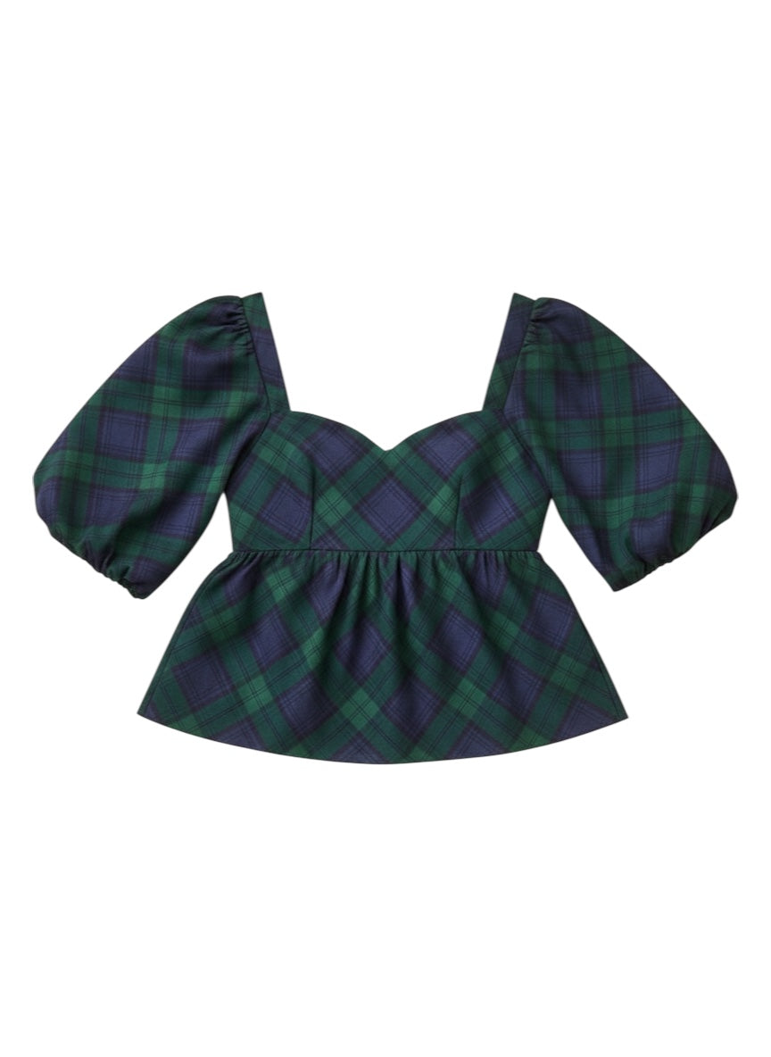 Puff-Sleeve Plaid Poplin Peplum Top