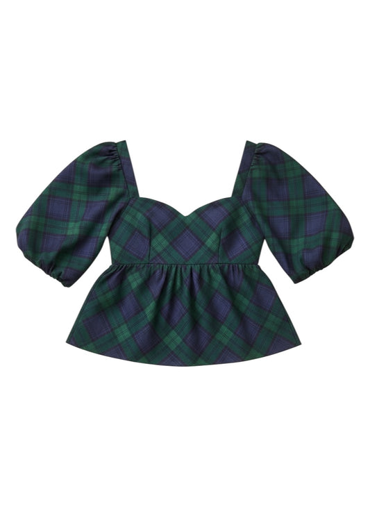 Puff-Sleeve Plaid Poplin Peplum Top