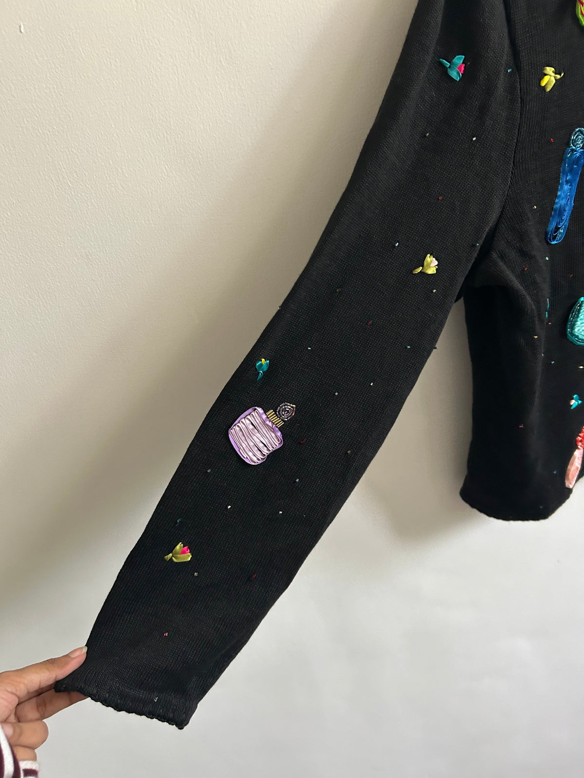 Vintage Perfume Bottle Beaded Black Cardigan