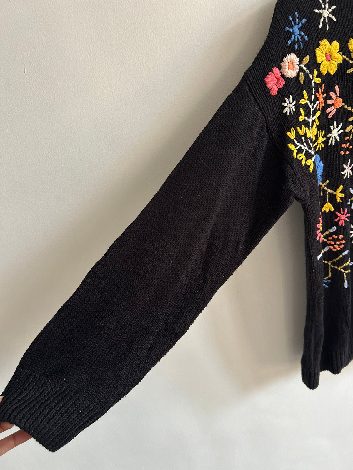 Vintage Wildflower Embroidered Black Knit Sweater