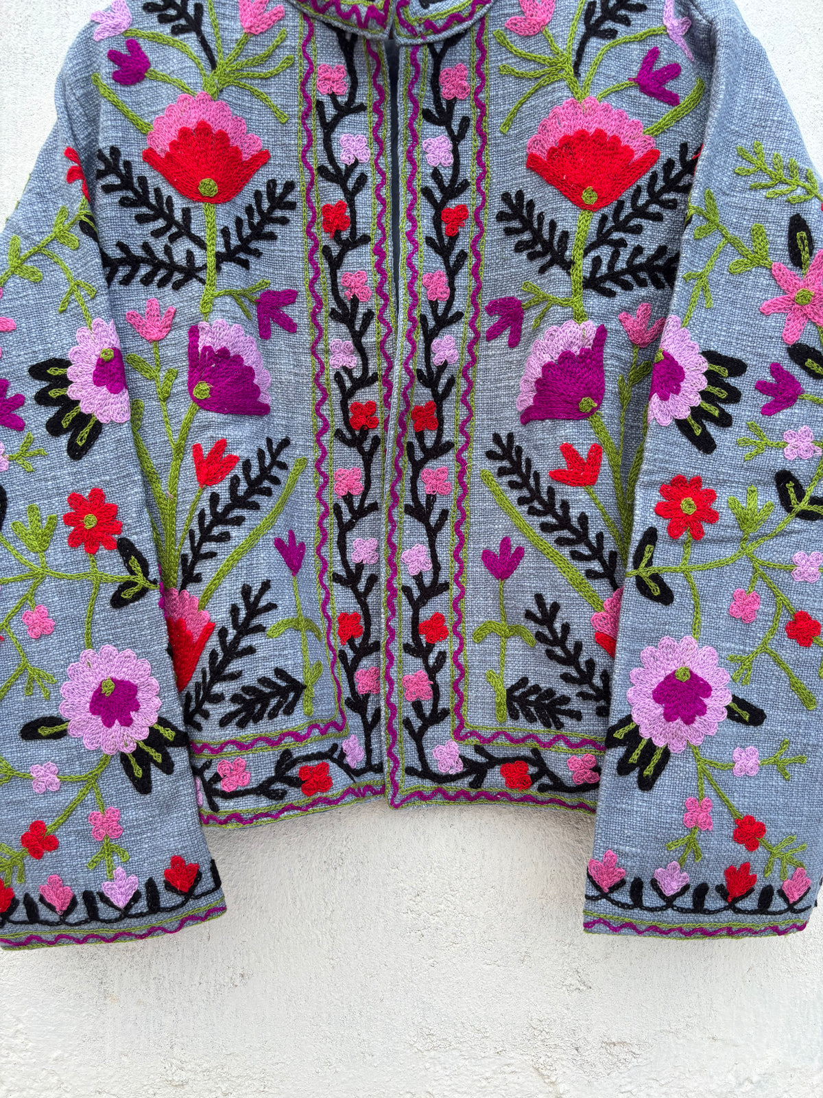 Grey Floral Embroidered Suzani Jacket: 46"