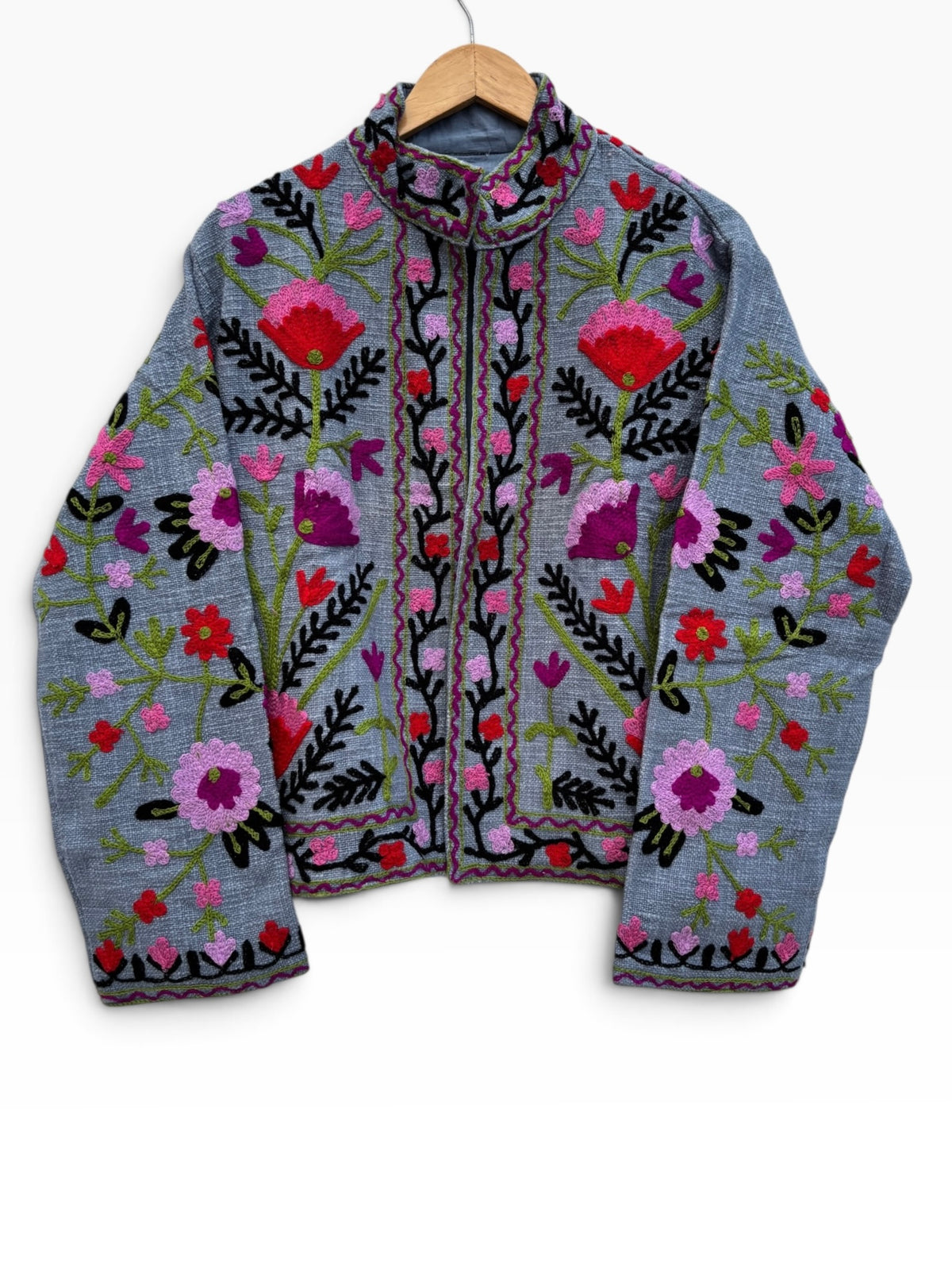 Grey Floral Embroidered Suzani Jacket: 46"