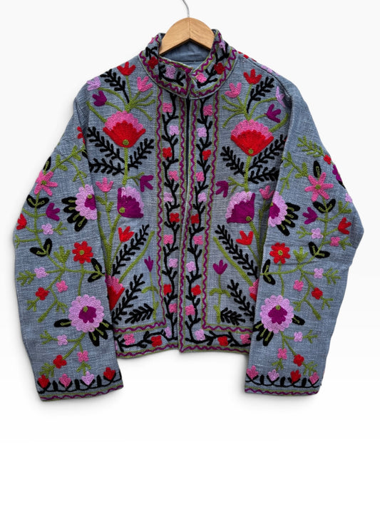 Grey Floral Embroidered Suzani Jacket: 46"